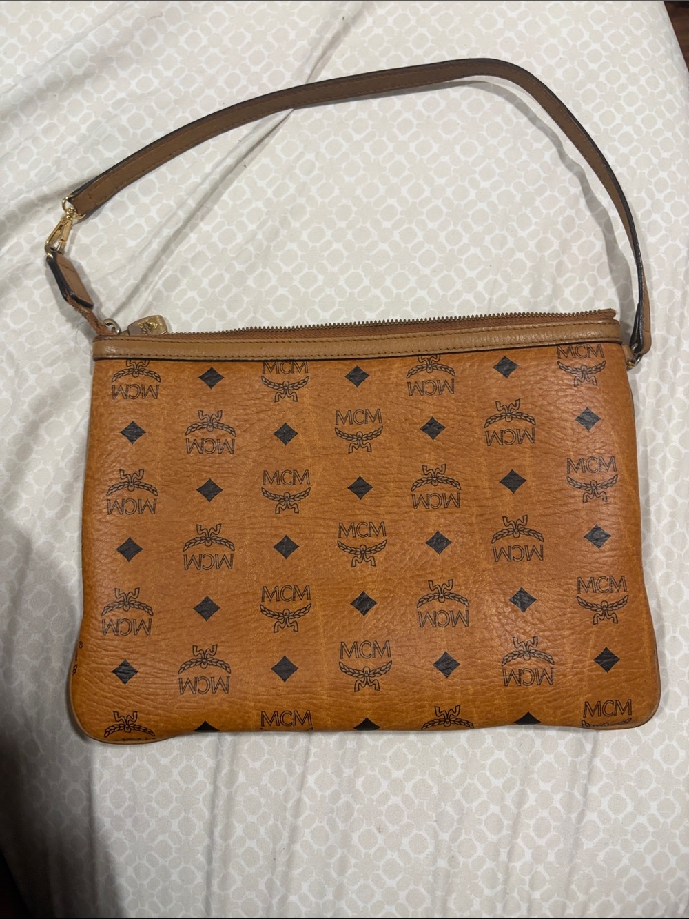 MCM Brown Visetos Monogram Zip Shoulder Pouch